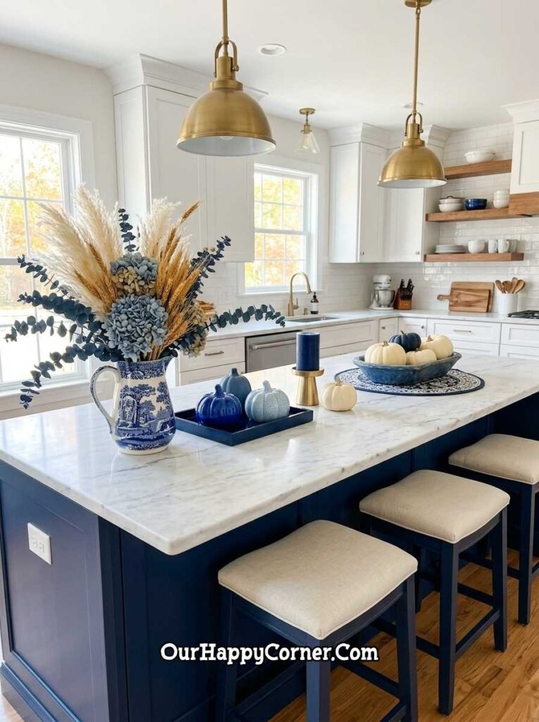 The Navy Kitchen Island — Transferware, Pampas & Blue Pumpkins 