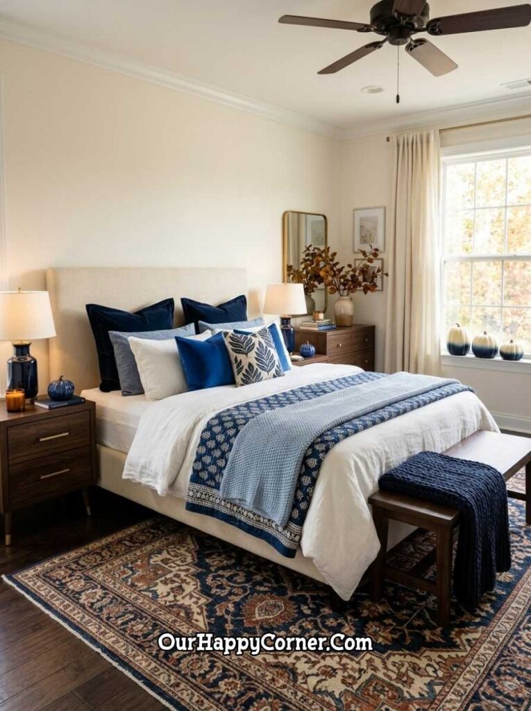 Blue fall decor bedroom layered in navy and powder blue