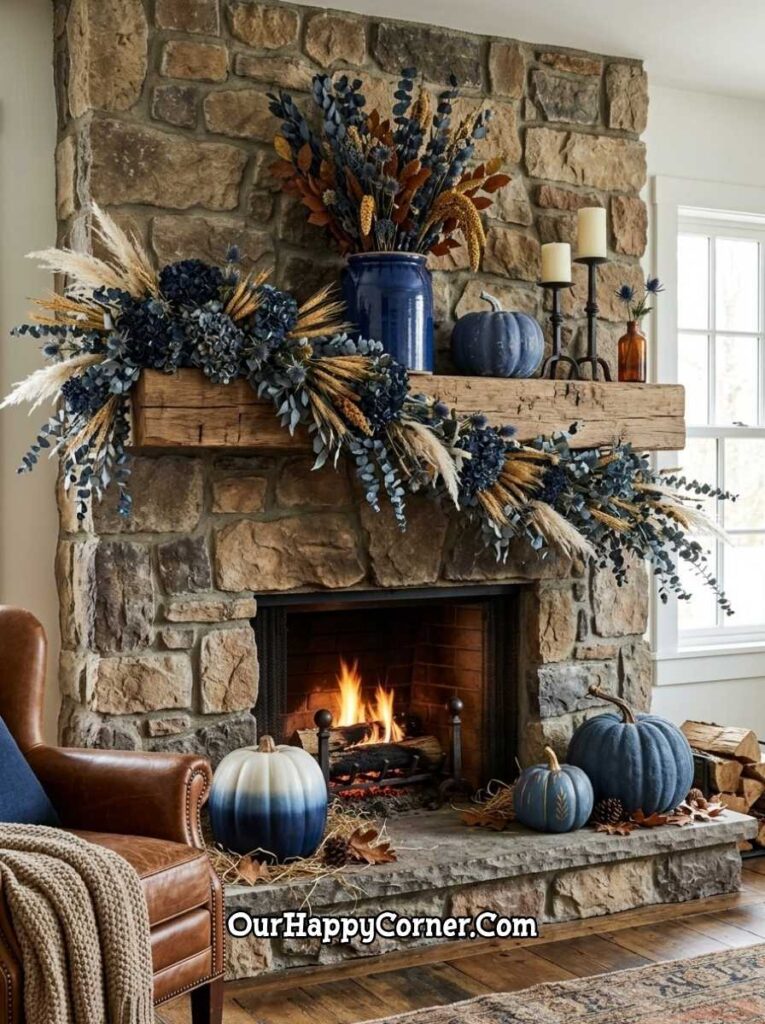 Rustic stone fireplace with navy blue crock, dried pampas and hydrangea garland, ombre blue pumpkins on hearth with real fire burning