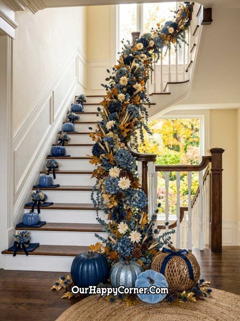 Blue Fall Decor on Staircase