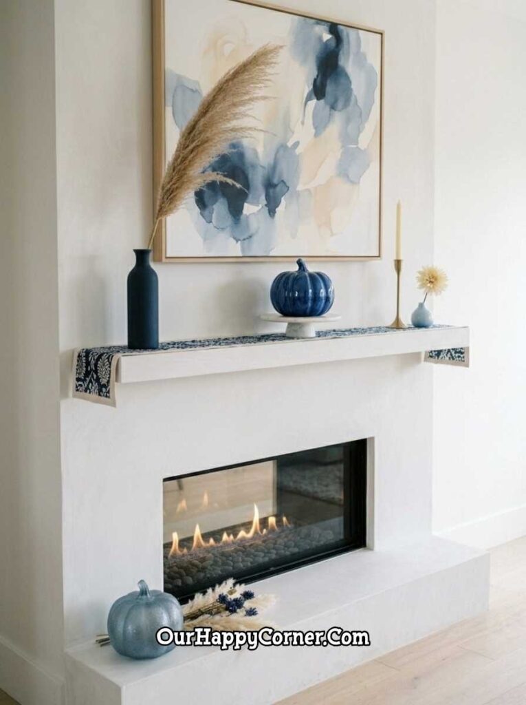 Blue fall decor mantel fireplace