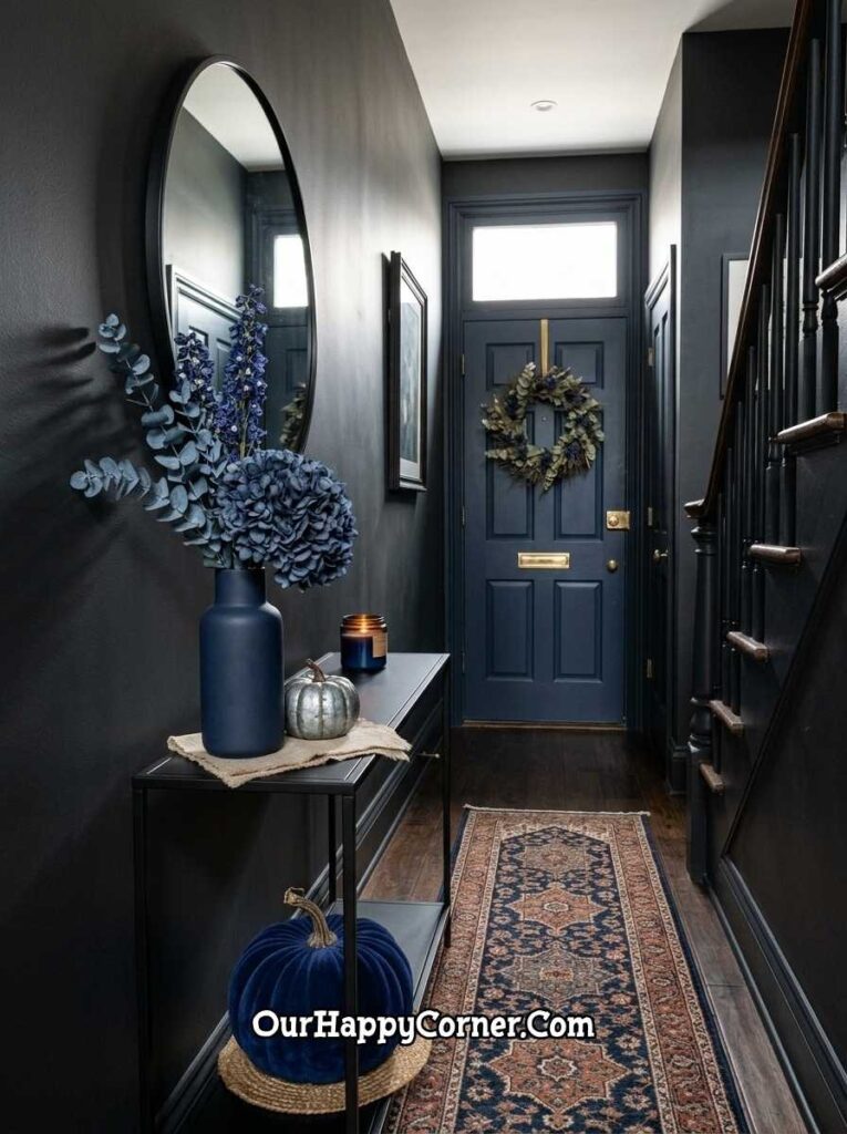 Blue fall decor on hallway