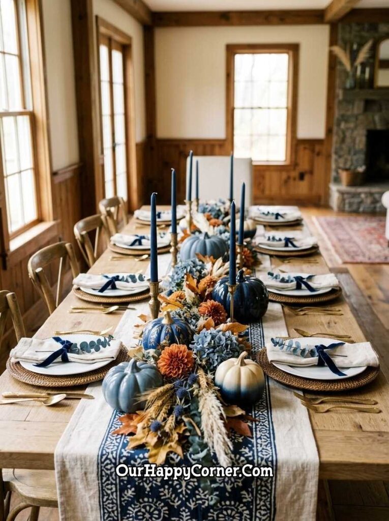 The Farmhouse Harvest Table Navy Blockprint & Rust Dahlias