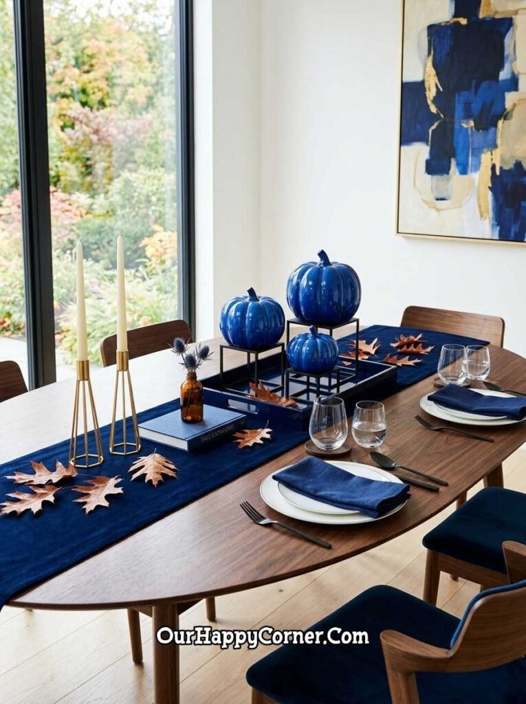 Blue fall decor in cobalt blue tablescape