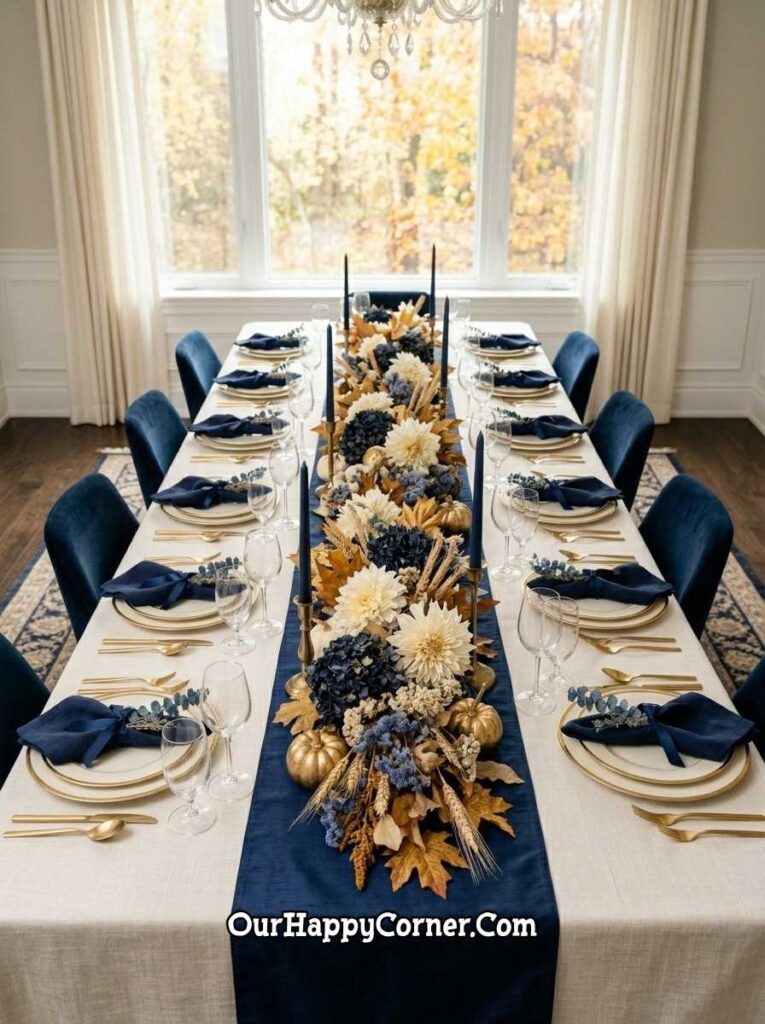 Blue fall decor in the Grand Holiday Table — Navy, Ivory & Gold for a Crowd