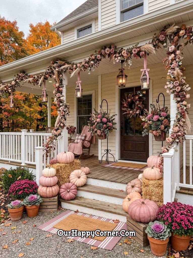 Pink fall decor of farmhouse porch with blush floral garlands, stacked pumpkins on haybales, hanging lanterns
