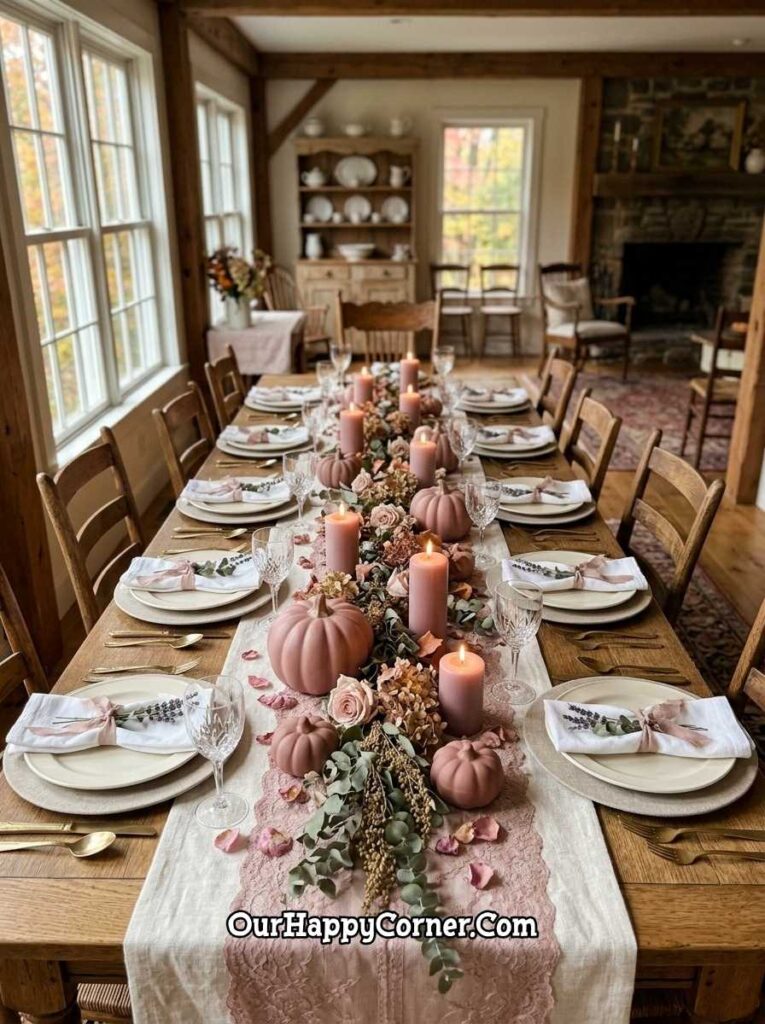 Rustic farmhouse dining table with pink pillar candles, velvet pumpkins, linen runner
