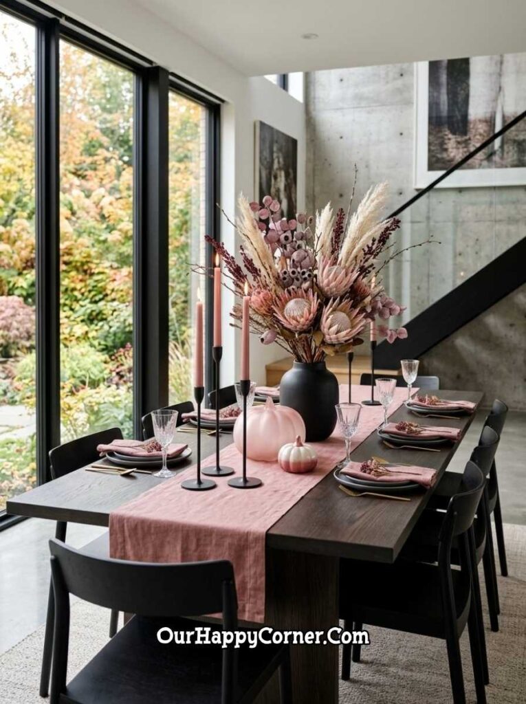 Dark wood dining table with black vase, pink protea arrangement, dusty rose runner

