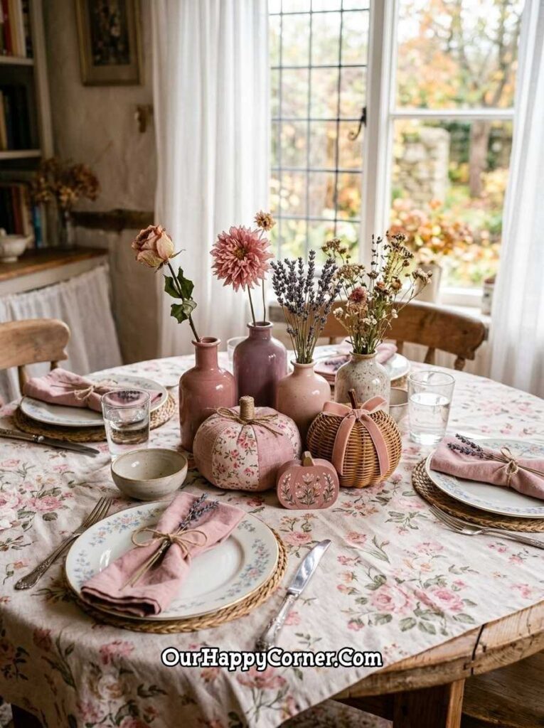 Round cottage dining table with floral tablecloth, pink ceramic vases, fabric pumpkins
