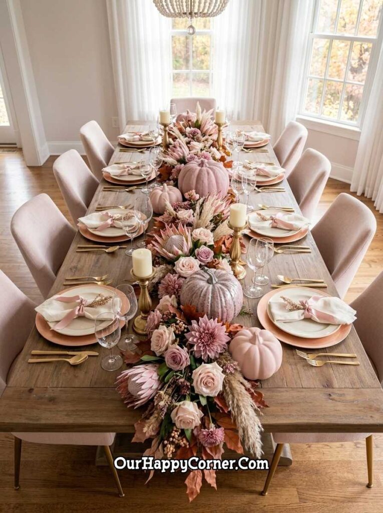 Long dining table with pink pumpkin floral garland runner, brass candles, mauve chairs
