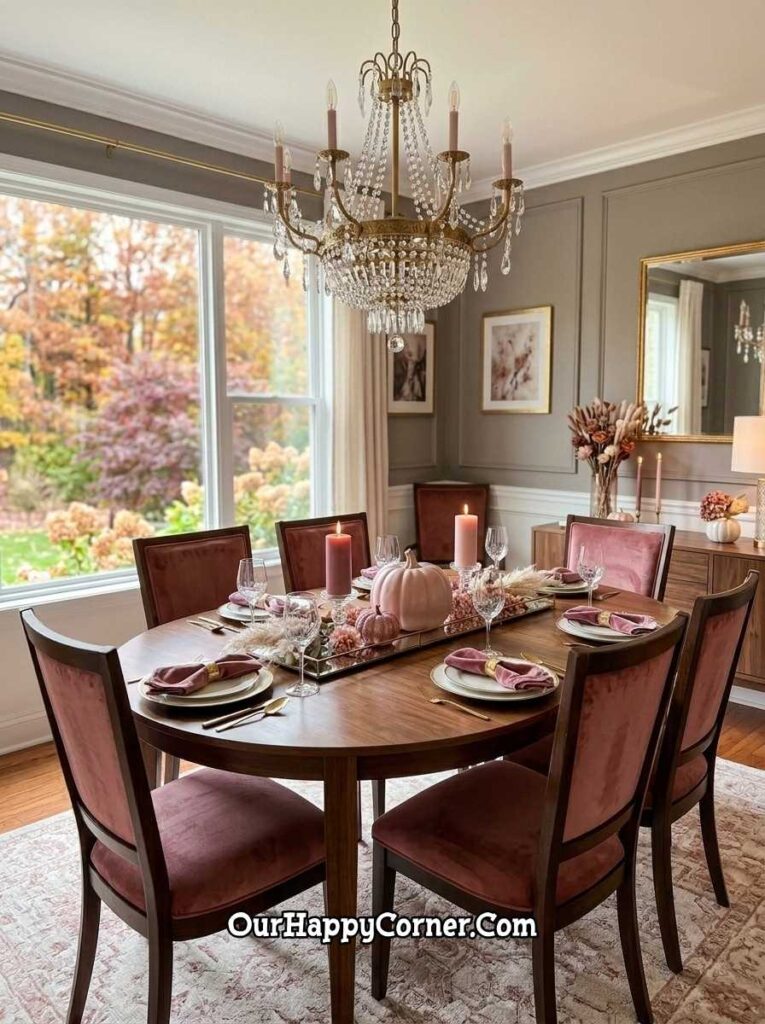 Traditional dining room with crystal chandelier, pink velvet chairs, blush pumpkin centrepiece
