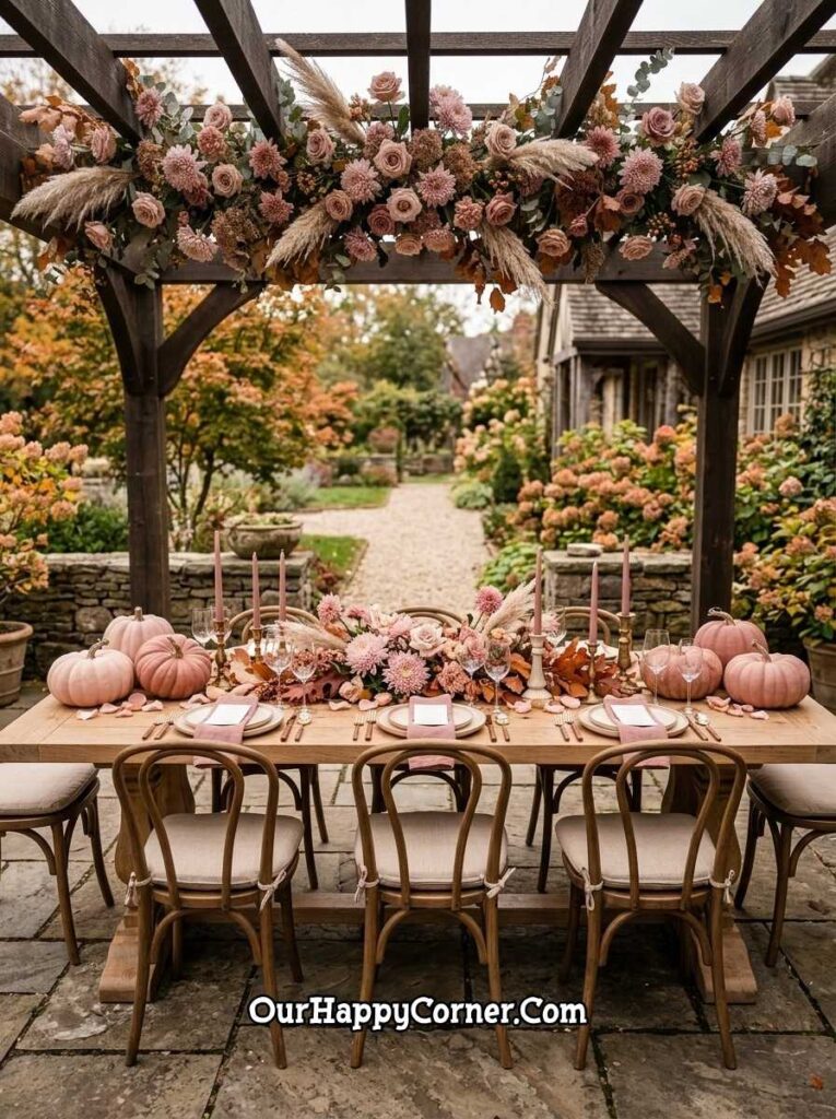 Outdoor pergola dining table under pink botanical garland, pale pumpkins, brass candles
