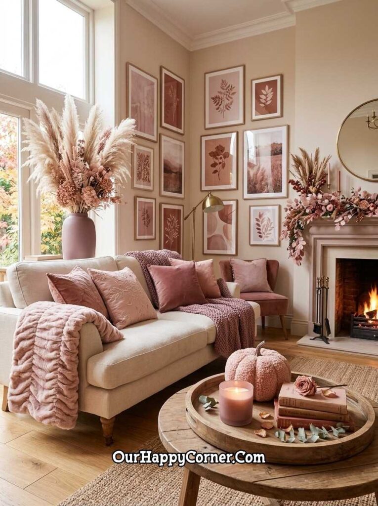 Pink fall decor in a Cosy living room with cream sofa, pink cushions, floral mantel, botanical gallery wall
