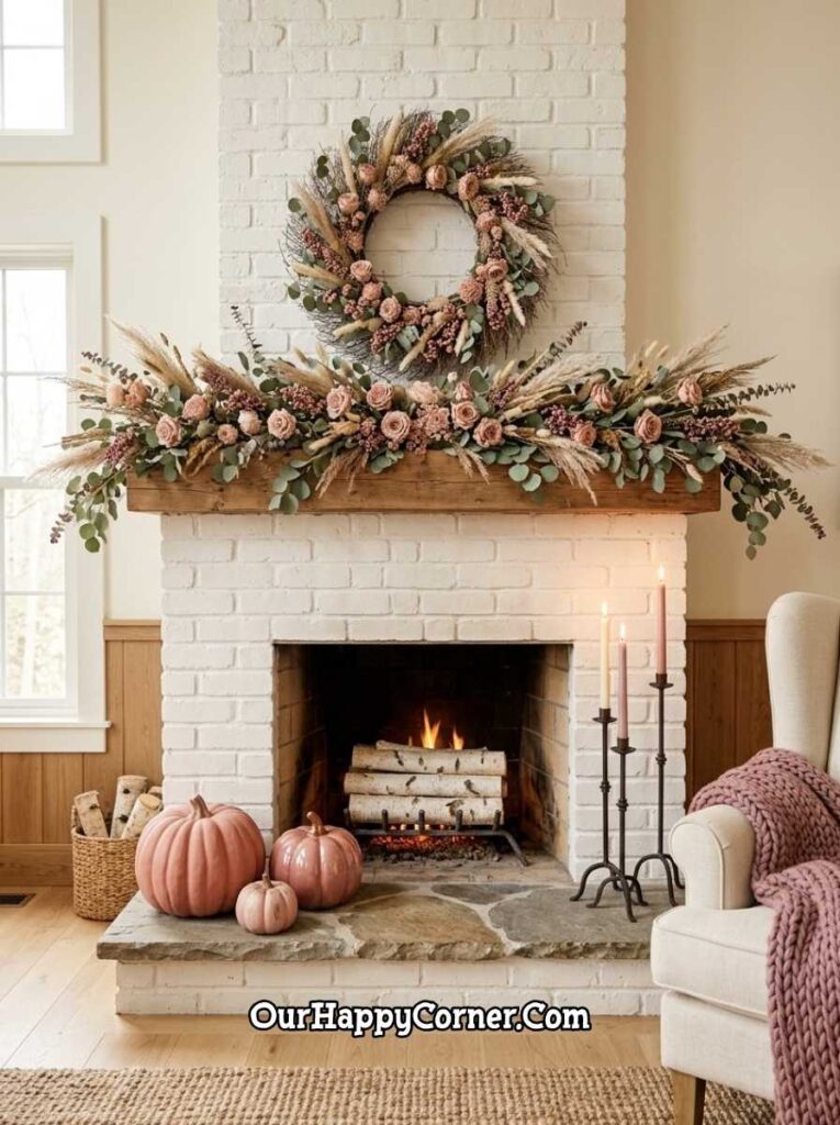 Pink fall decor in white brick fireplace with blush rose garland mantel, matching wreath, pink pumpkins
