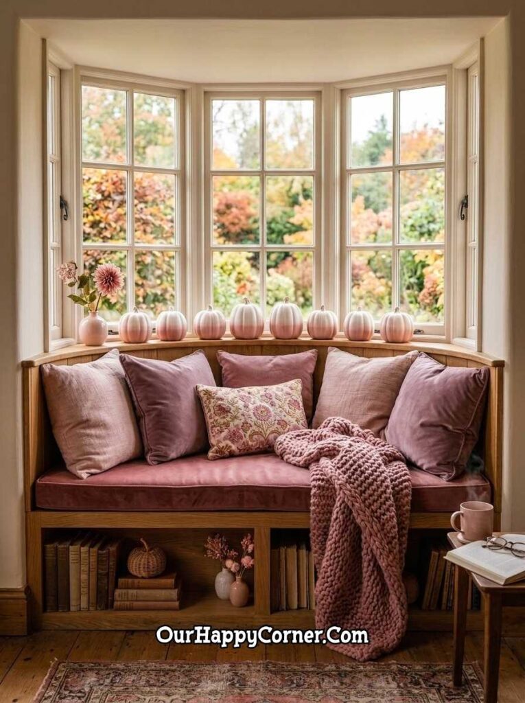 Bay window seat with rose velvet cushions, pink knit throw, blush pumpkins on sill pink fall decor
