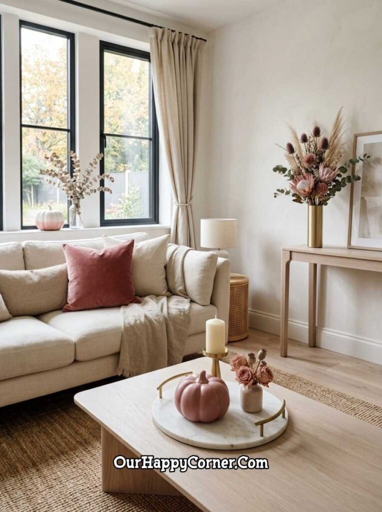 Pink fall decor in a Scandi living room with cream sofa, marble tray with pink pumpkin, gold protea vase
