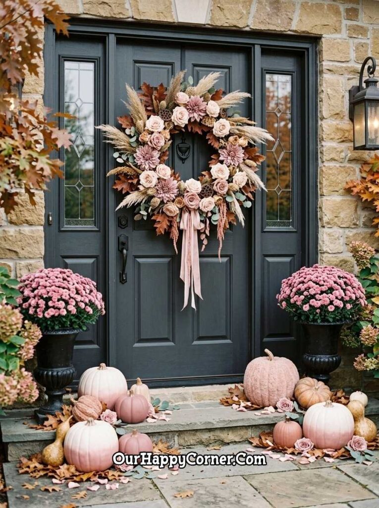 Dark stone front door with large blush botanical wreath and pink pumpkins on steps
