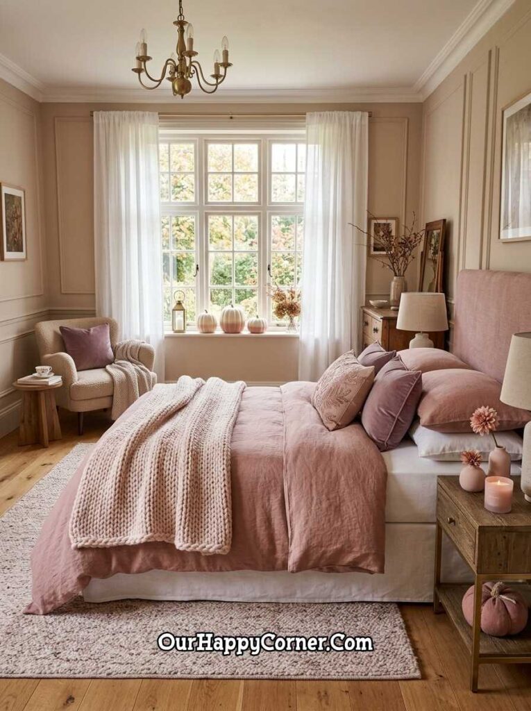 Pink fall decor in a romantic bedroom with pink headboard, blush linen, chunky knit, pumpkins on windowsill
