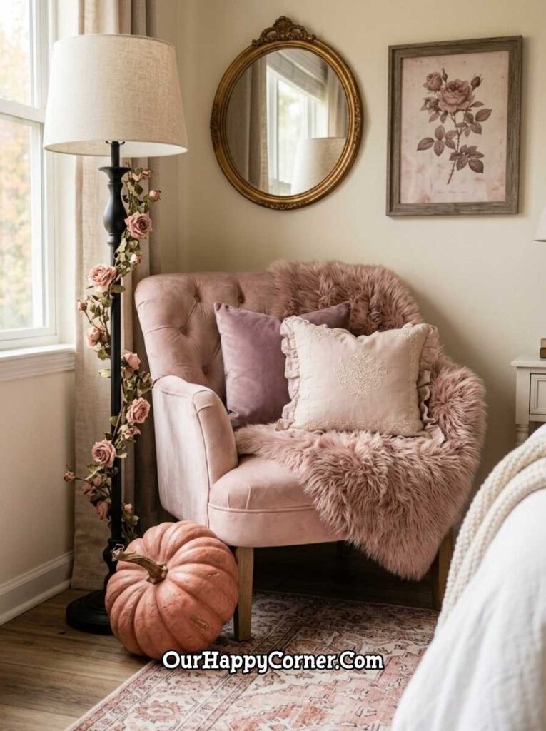 Bedroom corner with pink velvet chair, faux fur throw, rose garland on black floor lamp pink fall decor
