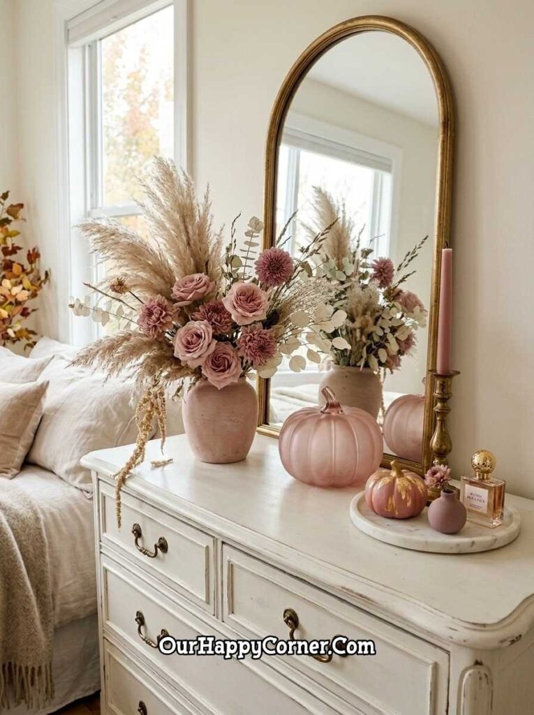 Pink fall decor in White vintage dresser with pink floral vase, arched gold mirror, ceramic pumpkins

