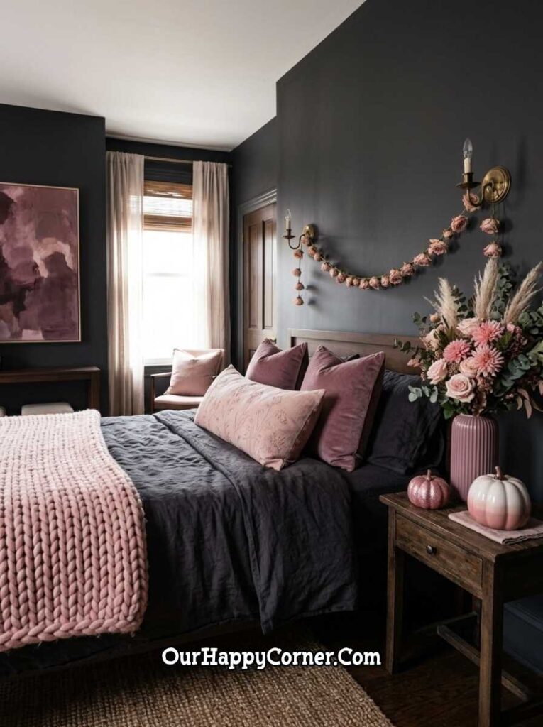Dark charcoal bedroom with mauve bedding, pink rose garland above headboard, chunky knit pink fall decor
