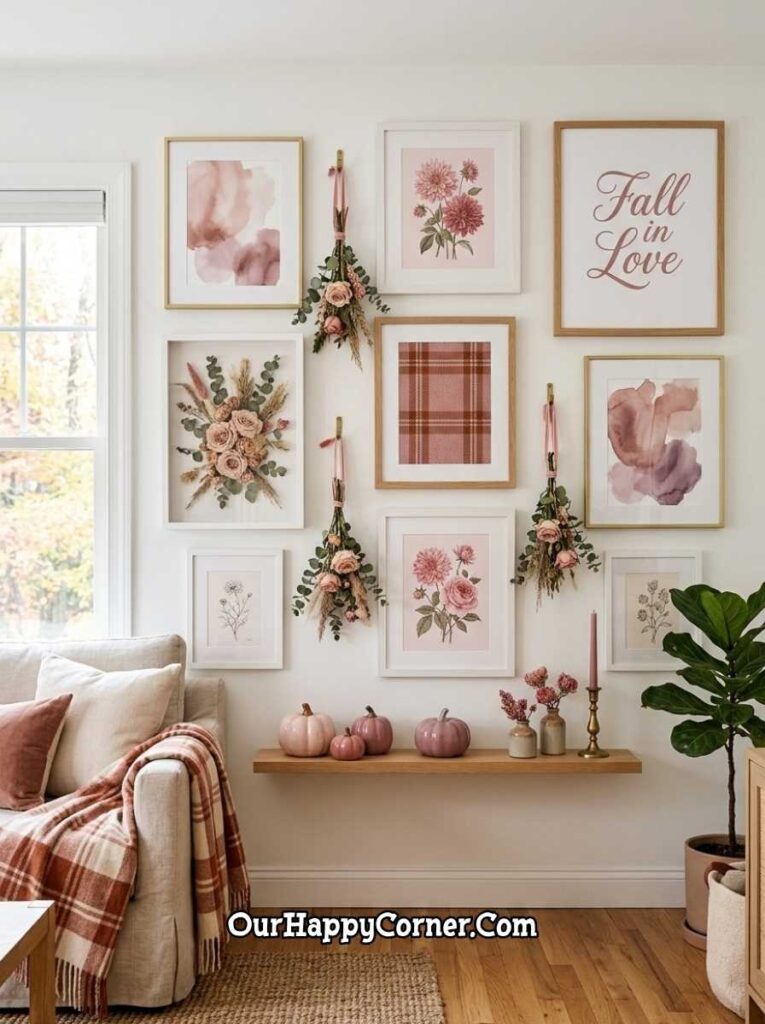 Pink fall gallery wall with botanical prints, dried flower bunches, pumpkins on shelf
