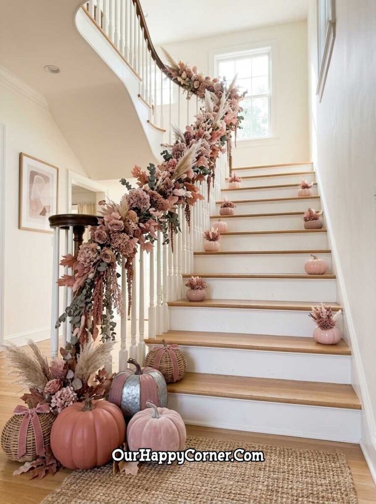 Staircase with lush pink floral garland on banister, pink pumpkins on steps
