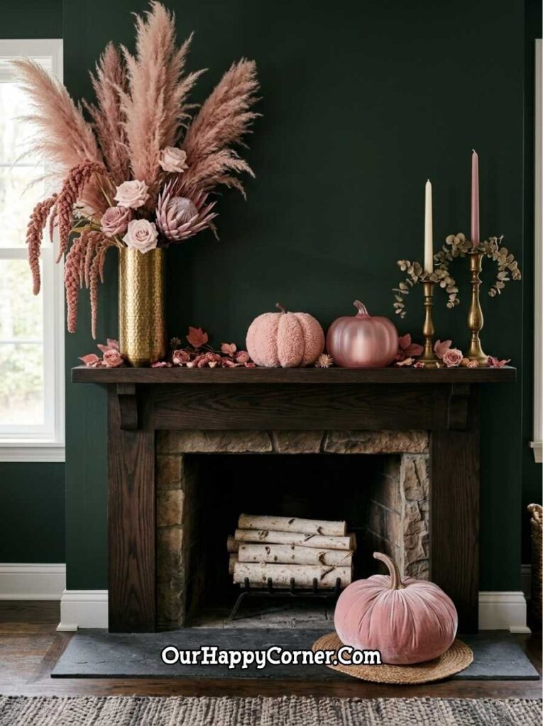 Forest green room fireplace with tall pink pampas arrangement, pink pumpkins on mantel
