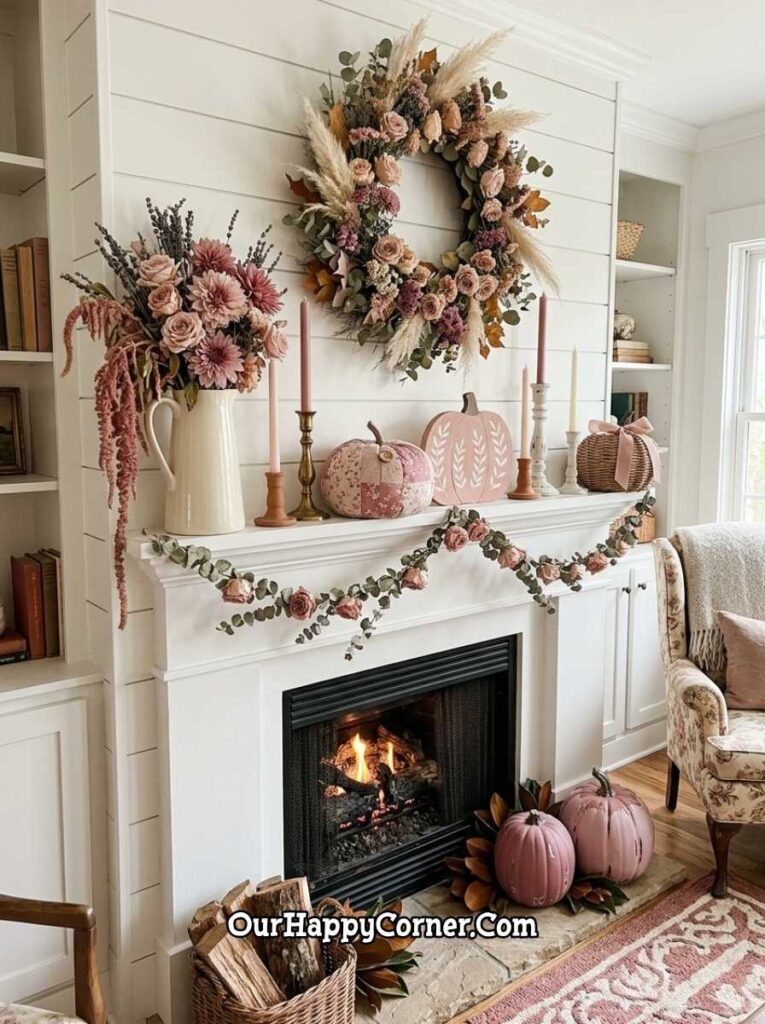 Shiplap fireplace with pink botanical wreath, white pitcher florals, fabric pumpkins on mantel
