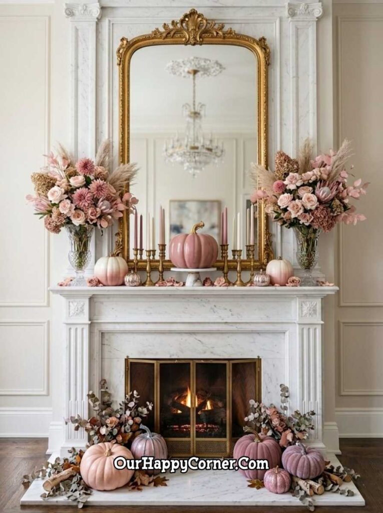 Grand white marble fireplace with symmetrical pink floral vases, pumpkins, baroque gold mirror
