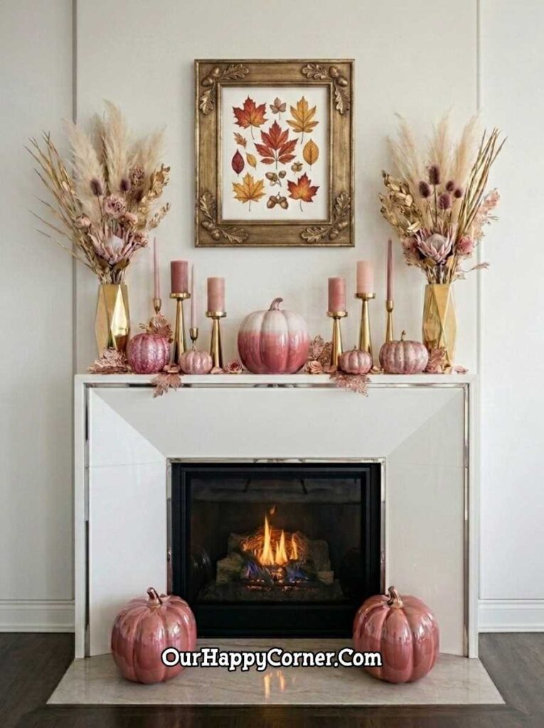 Pink fall decor in modern marble fireplace with gold vases, pink ombre pumpkin centrepiece, autumn leaf print
