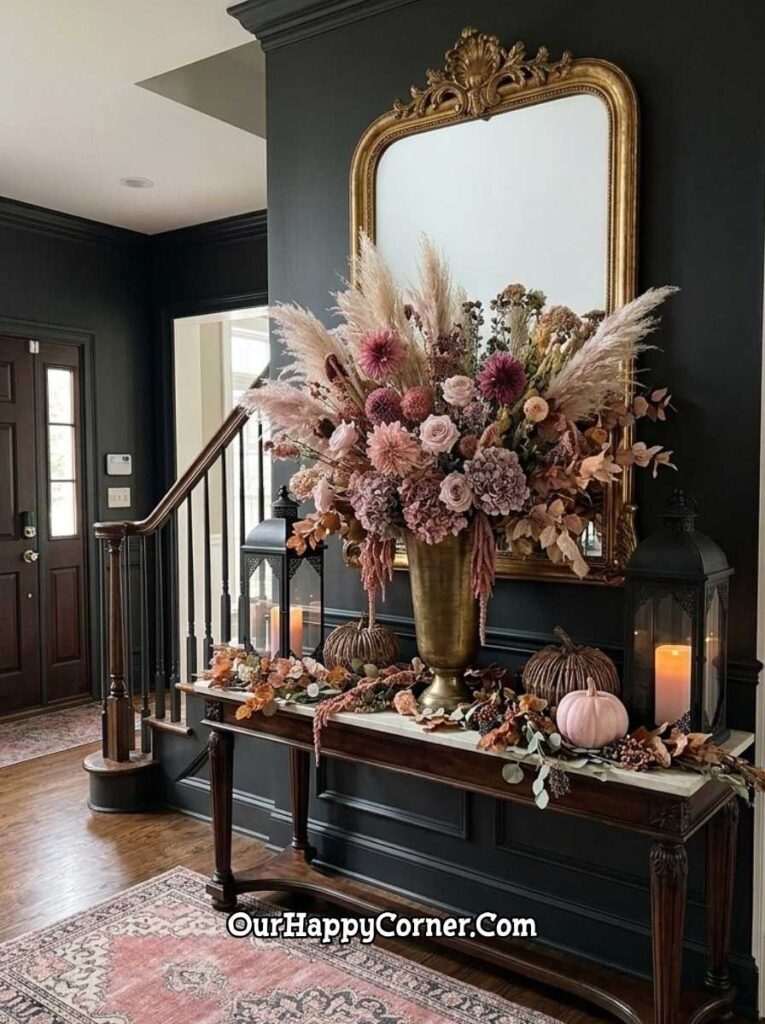 Dark charcoal entryway console with brass urn floral arrangement, gold mirror, pink pumpkins
