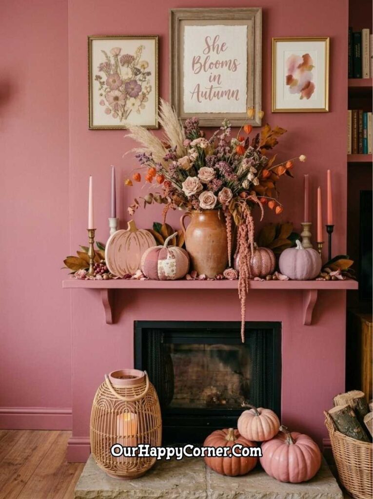Deep pink room fireplace with terracotta jug arrangement, mixed pumpkins, "She Blooms" sign
