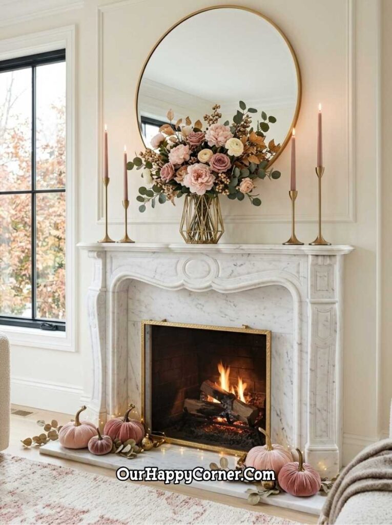 Elegant white marble fireplace with gold round mirror, blush floral vase, velvet pumpkins
