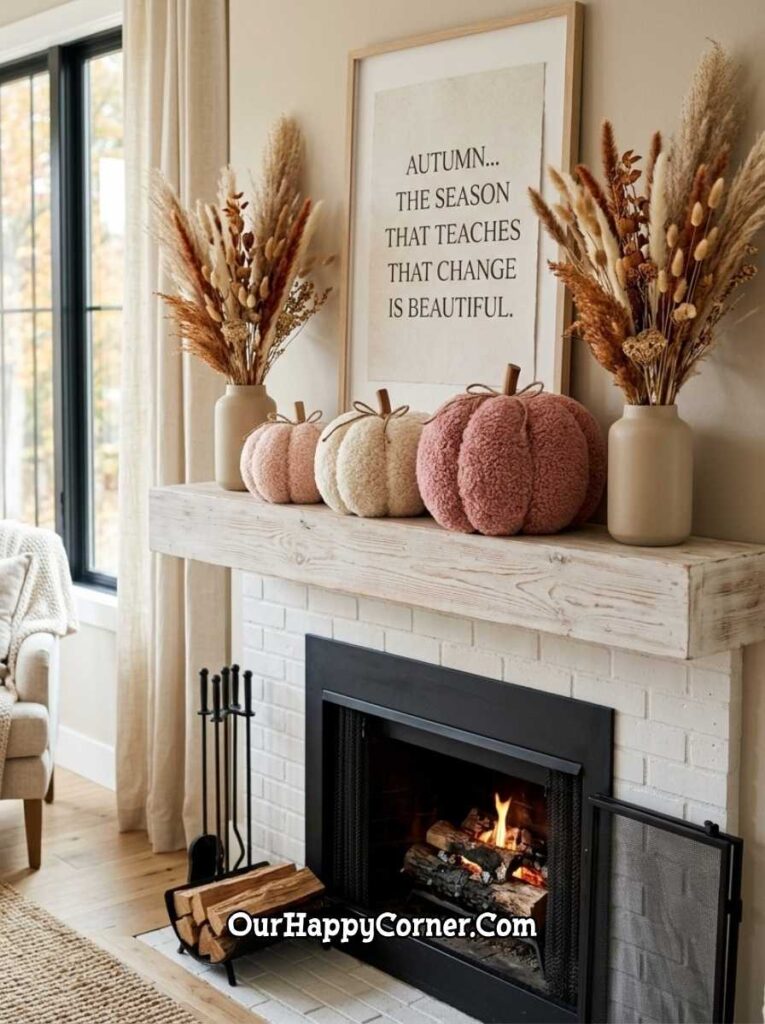 Whitewashed brick fireplace with boucle pumpkins, pampas vases, autumn quote print
