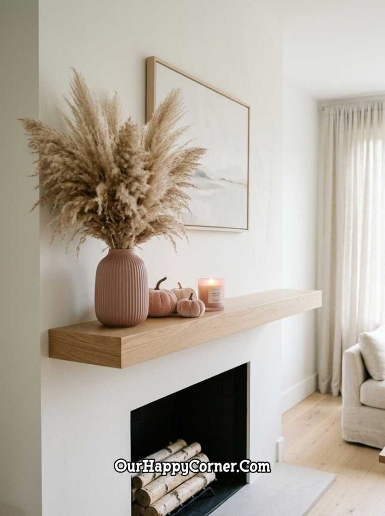 Minimal white plaster fireplace with ribbed pink vase, pampas, velvet pumpkins and candle
