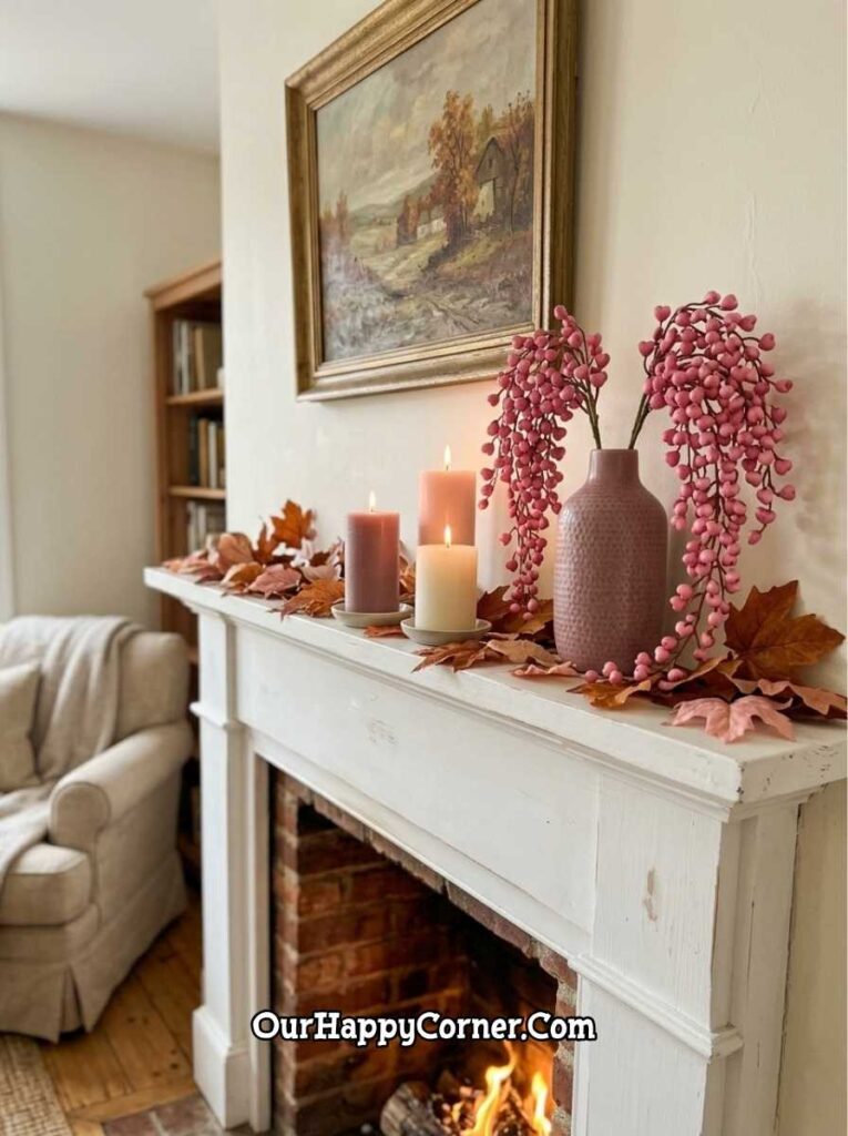 White painted mantel with pink berry stems, pillar candles, autumn leaf garland

