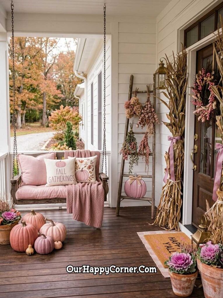 Pink fall decor of Farmhouse porch swing with pink cushions, rustic ladder with dried botanical bundles
