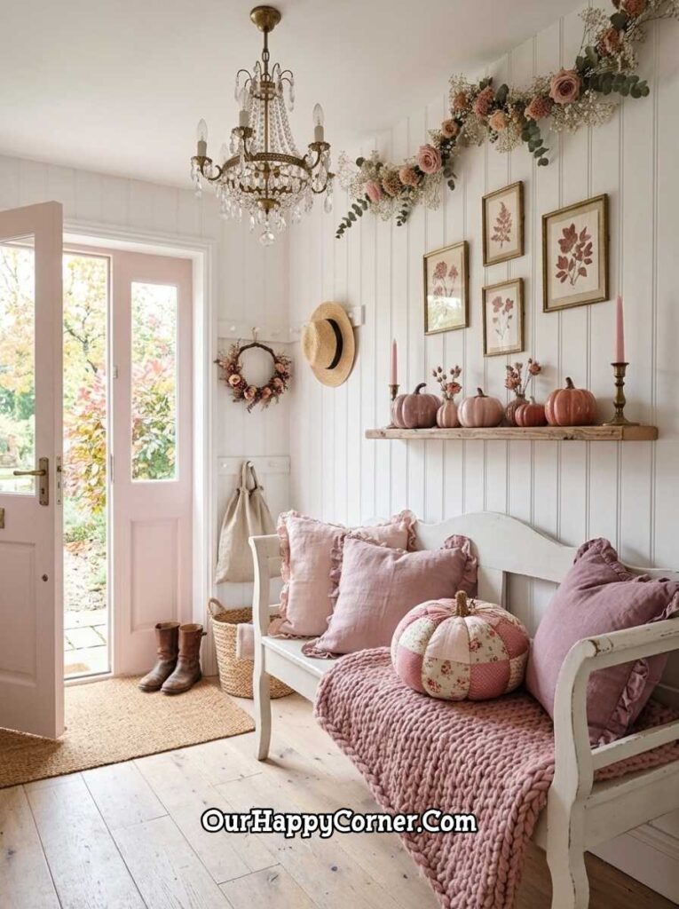 White cottagecore entryway with crystal chandelier, pink bench cushions, pumpkins on shelf
