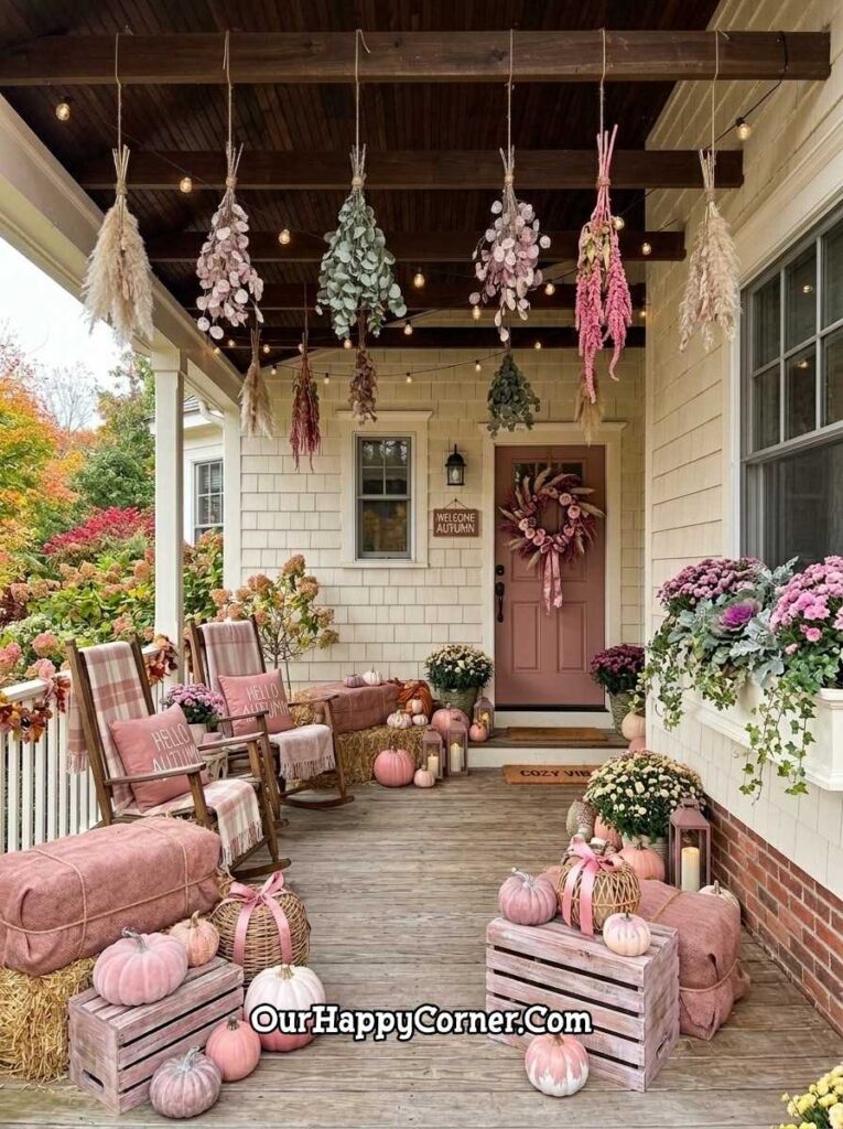 Boho farmhouse porch with hanging dried botanical bunches, pink door and rocking chairs
