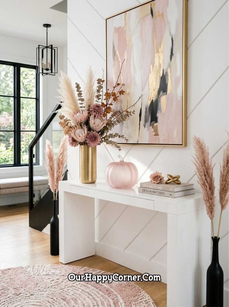 Pink fall decor in Boho farmhouse porch with hanging dried botanical bunches, pink door and rocking chairs
