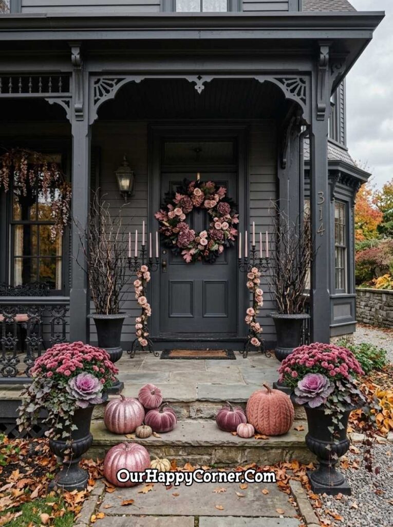 Grey Victorian porch with dark wreath, pink glitter pumpkins, black urn planters
