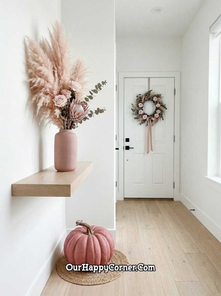 Minimal hallway with floating shelf, pink vase arrangement, blush wreath on white door

