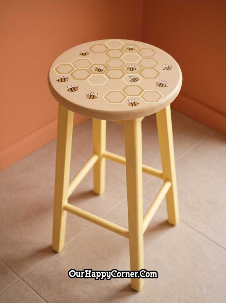 Bee and honeycomb stool painting with yellow accents