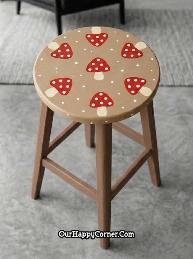 Beige mushroom cottagecore stool painting with red mushrooms and white dots