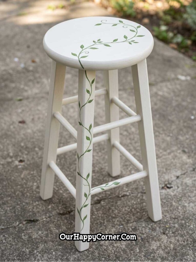 White stool painting with simple green vine design