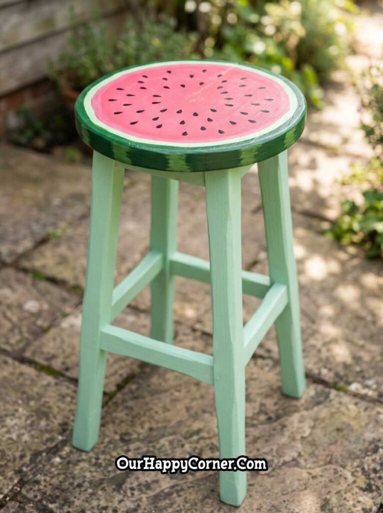 Watermelon stool painting with pink center and green border