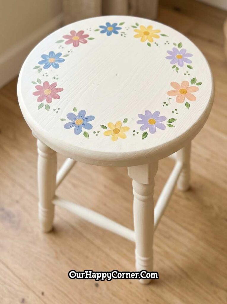 Pastel floral ring stool painting with tiny flowers around edge