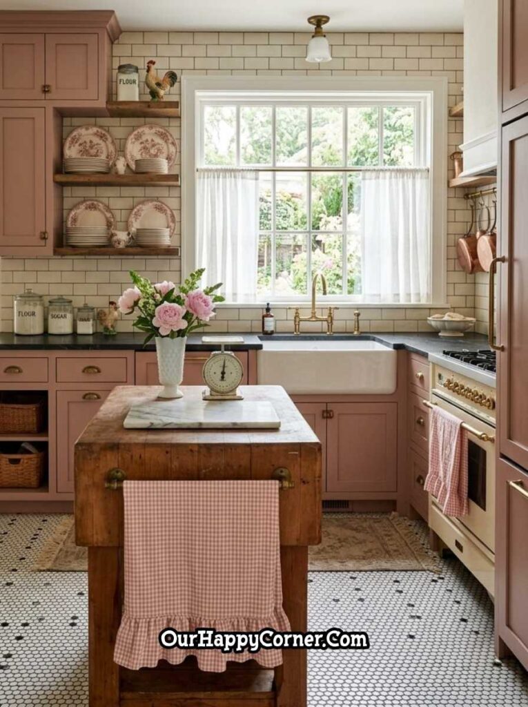 Dusty rose farmhouse kitchen with butcher block island, open shelving, and peonies in a white vase
