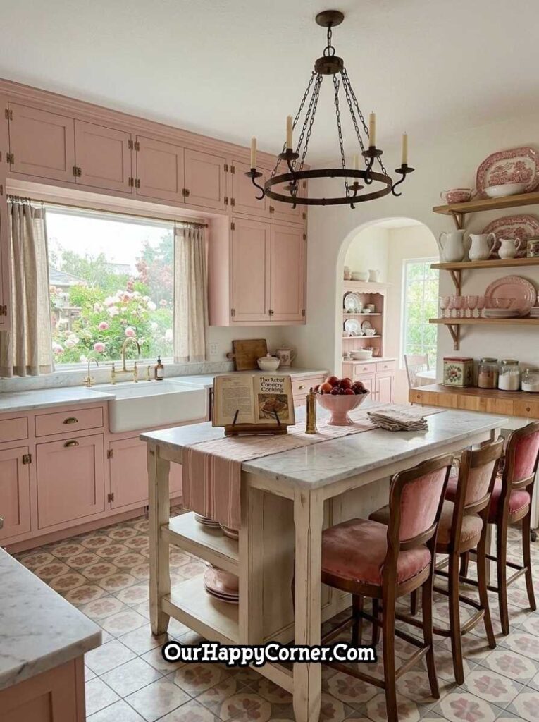 Romantic pink French kitchen with wrought iron chandelier and encaustic tile floor
